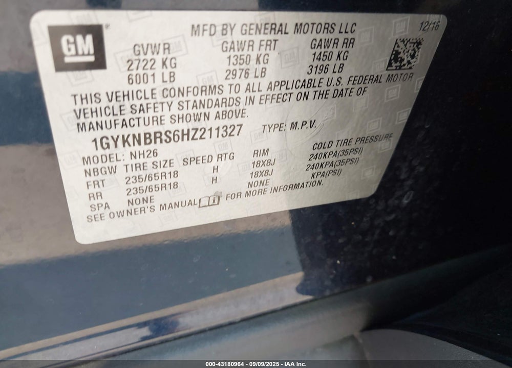 2017 CADILLAC XT5 VIN: 1GYKNBRS6HZ211327