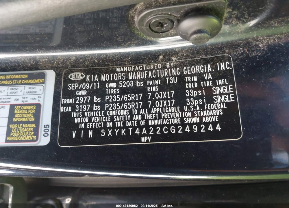 2012 KIA SORENTO LX V6 VIN: 5XYKT4A22CG249244