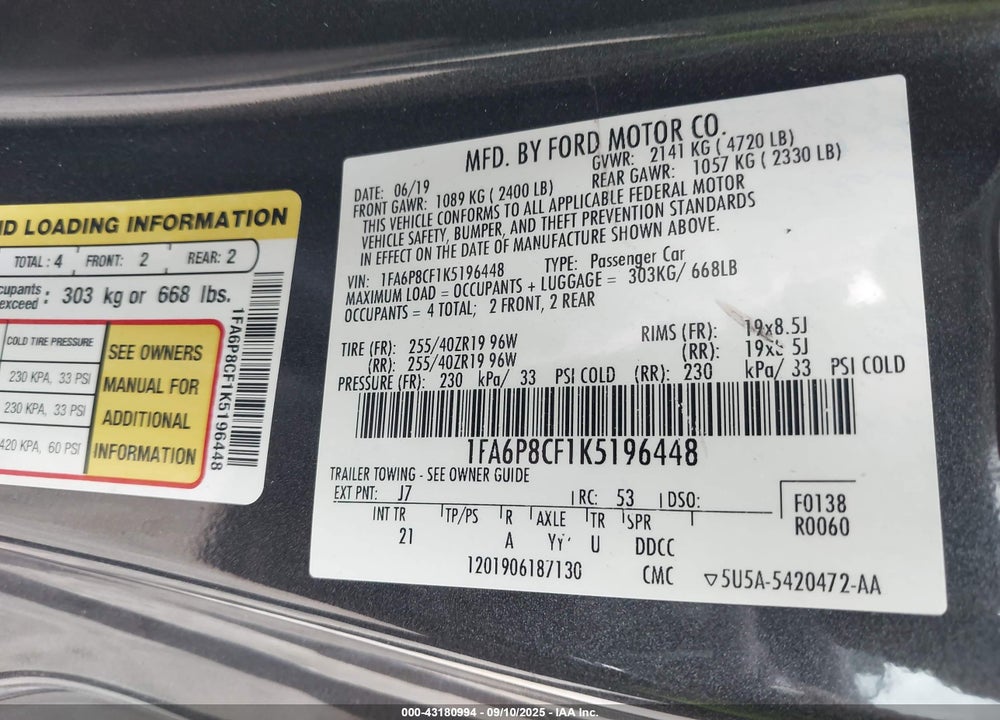 2019 FORD MUSTANG VIN: 1FA6P8CF1K5196448