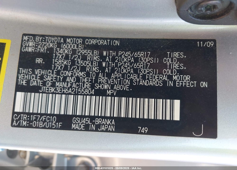2010 TOYOTA HIGHLANDER VIN: JTEBK3EH6A2155804