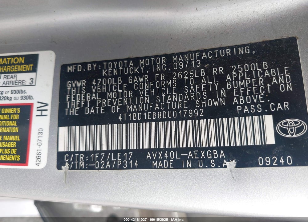 2013 TOYOTA AVALON HYBRID VIN: 4T1BD1EB8DU017992