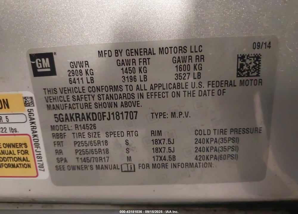 2015 BUICK ENCLAVE VIN: 5GAKRAKD0FJ181707