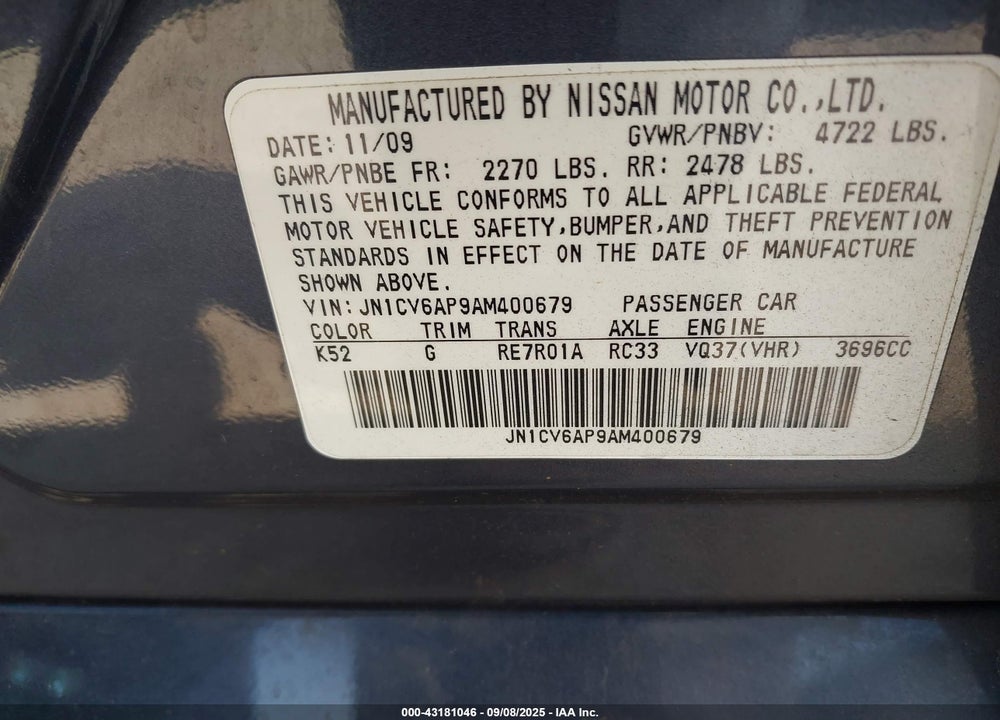 2010 INFINITI G37 VIN: JN1CV6AP9AM400679
