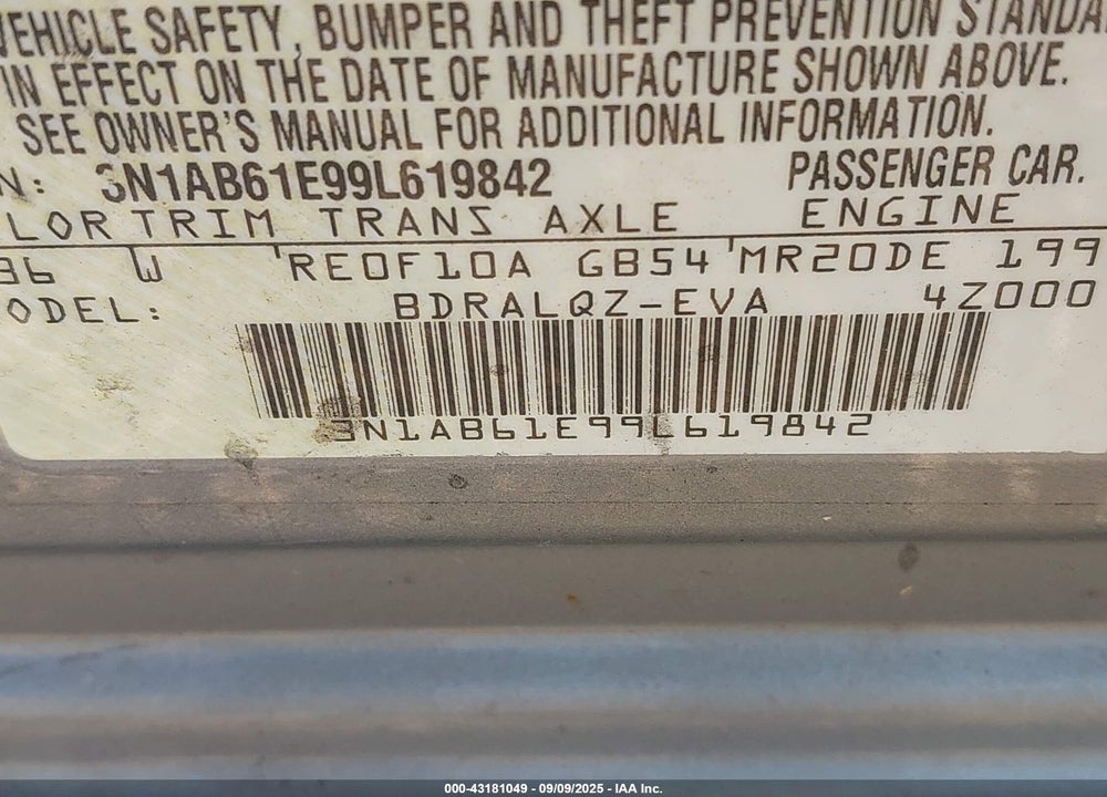 2009 NISSAN SENTRA VIN: 3N1AB61E99L619842