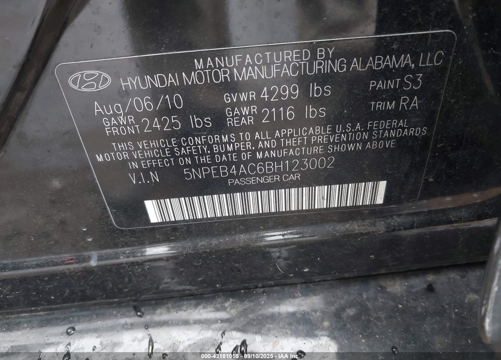 2011 HYUNDAI SONATA VIN: 5NPEB4AC6BH123002