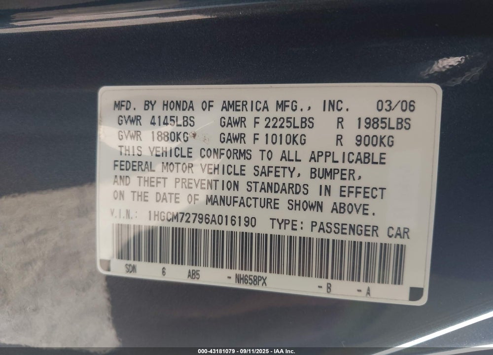 2006 HONDA ACCORD 2.4 EX VIN: 1HGCM72796A016190