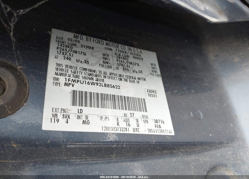 2003 FORD EXPEDITION XLT VIN: 1FMPU16W93LB85622