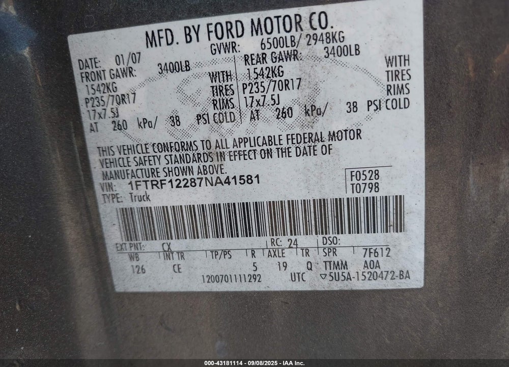2007 FORD F-150 STX/XL/XLT VIN: 1FTRF12287NA41581