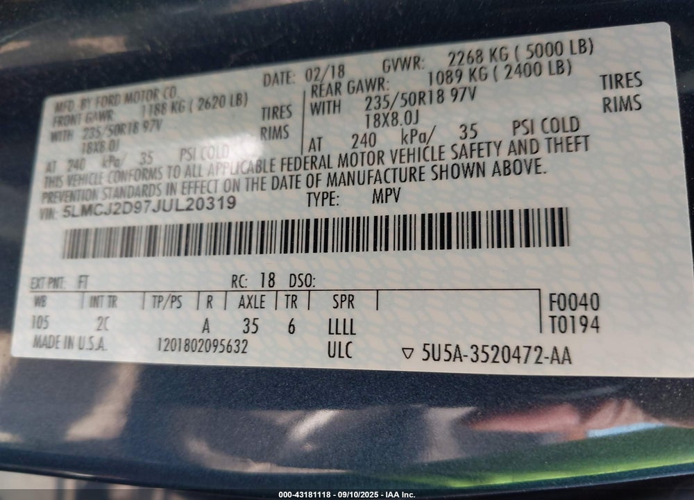 2018 LINCOLN MKC VIN: 5LMCJ2D97JUL20319
