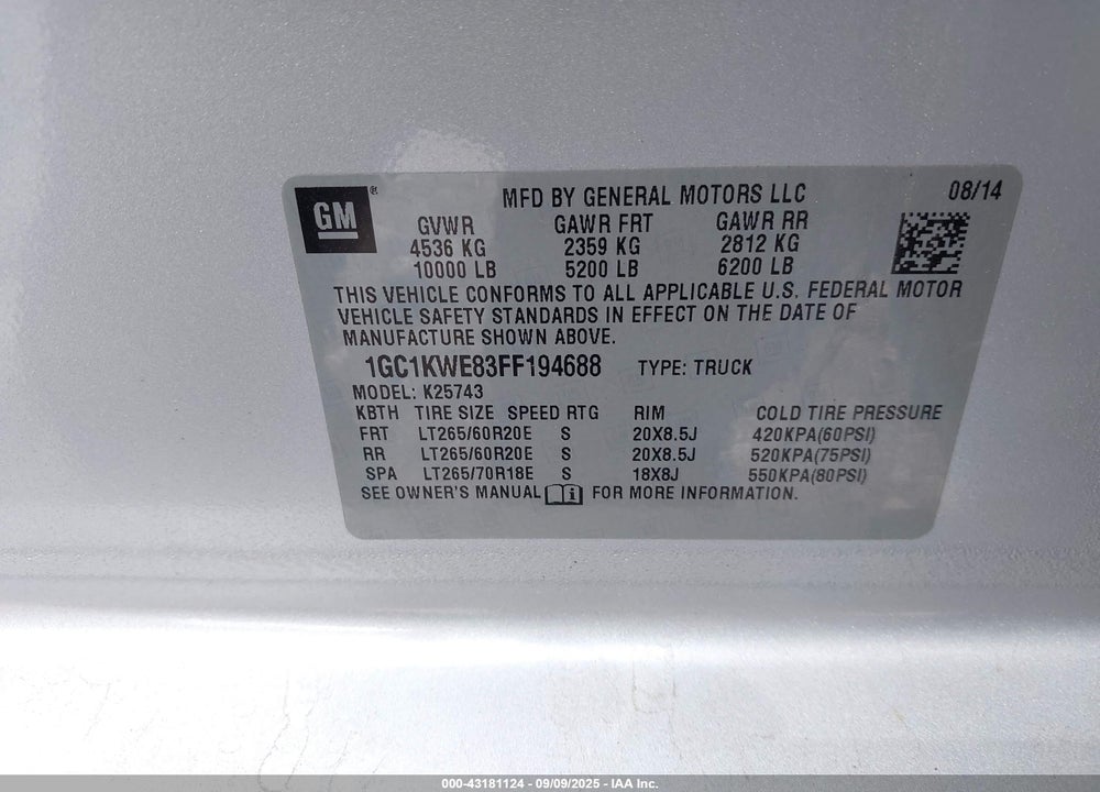 2015 CHEVROLET SILVERADO 2500HD LTZ VIN: 1GC1KWE83FF194688