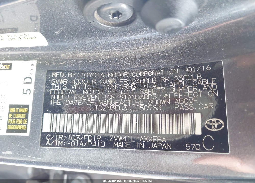 2016 TOYOTA PRIUS V VIN: JTDZN3EU3GJ050983
