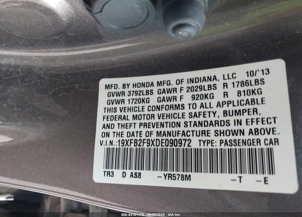 2013 HONDA CIVIC VIN: 19XFB2F9XDE090972
