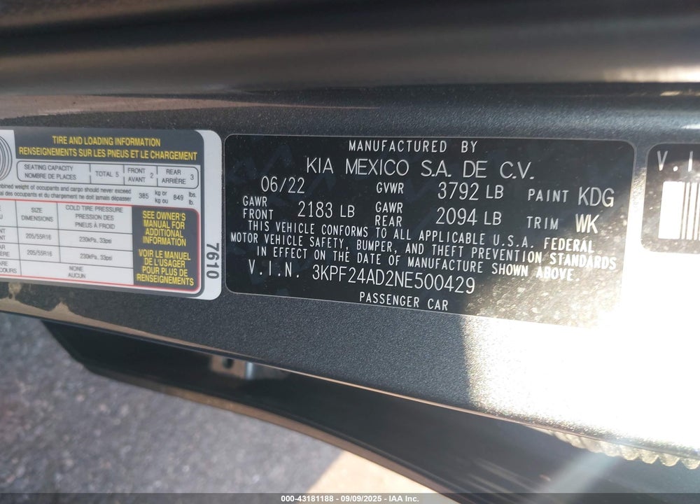2022 KIA FORTE LXS VIN: 3KPF24AD2NE500429