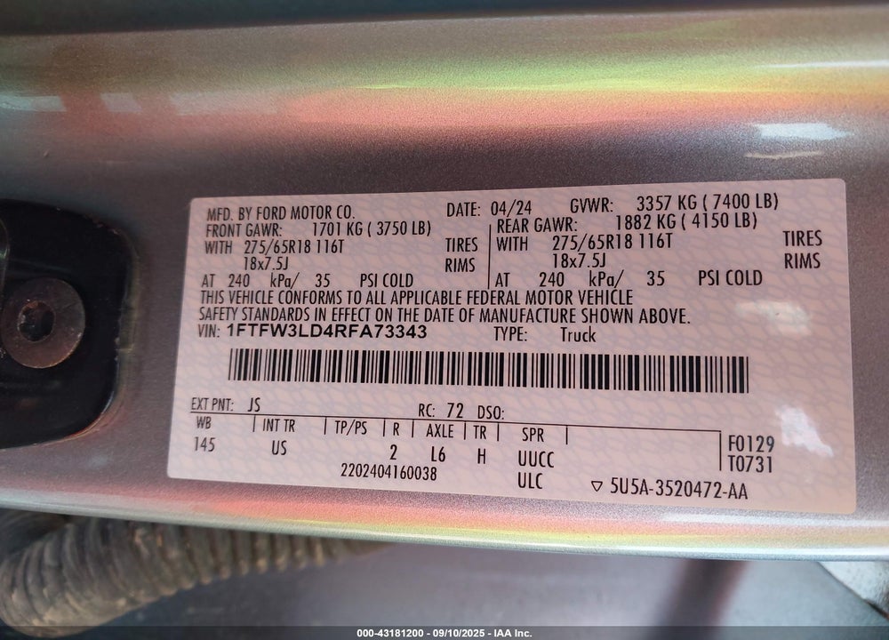 2024 FORD F-150 XLT VIN: 1FTFW3LD4RFA73343
