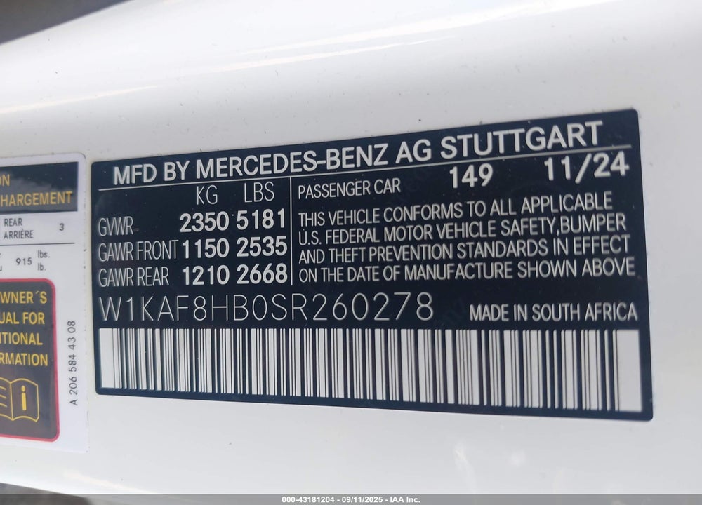 2025 MERCEDES-BENZ C CLASS VIN: W1KAF8HB0SR260278