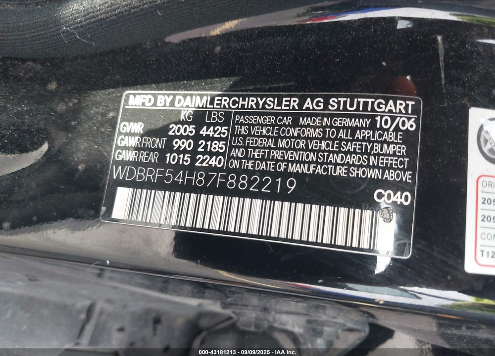 2007 MERCEDES-BENZ C 280 LUXURY VIN: WDBRF54H87F882219