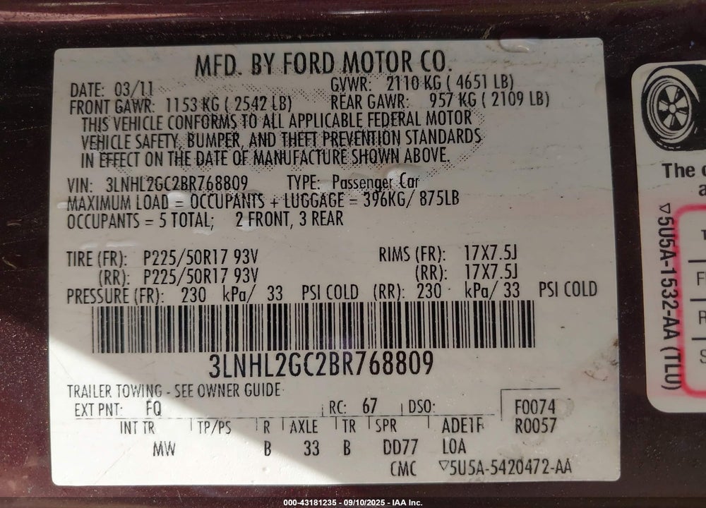 2011 LINCOLN MKZ VIN: 3LNHL2GC2BR768809