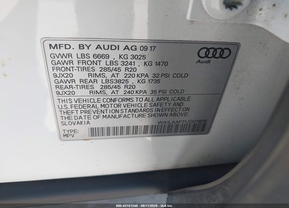 2018 AUDI Q7 3.0T PREMIUM VIN: WA1LAAF71JD011615