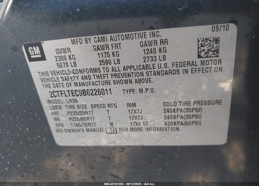 2011 GMC TERRAIN VIN: 2CTFLTEC9B6226011