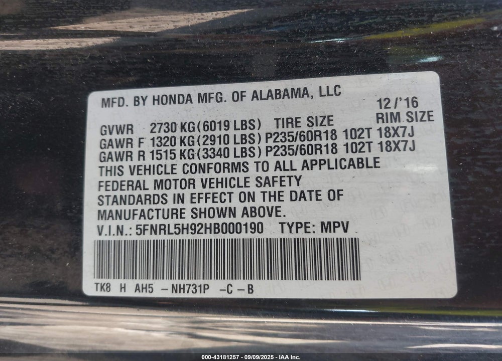 2017 HONDA ODYSSEY VIN: 5FNRL5H92HB000190