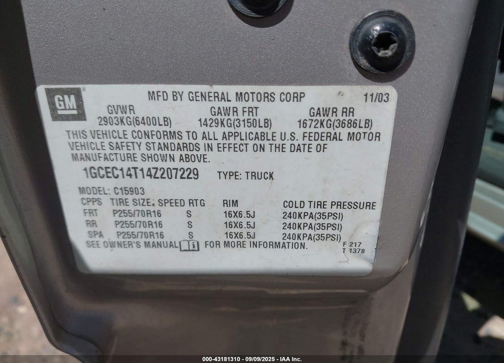 2004 CHEVROLET SILVERADO 1500 WORK TRUCK VIN: 1GCEC14T14Z207229