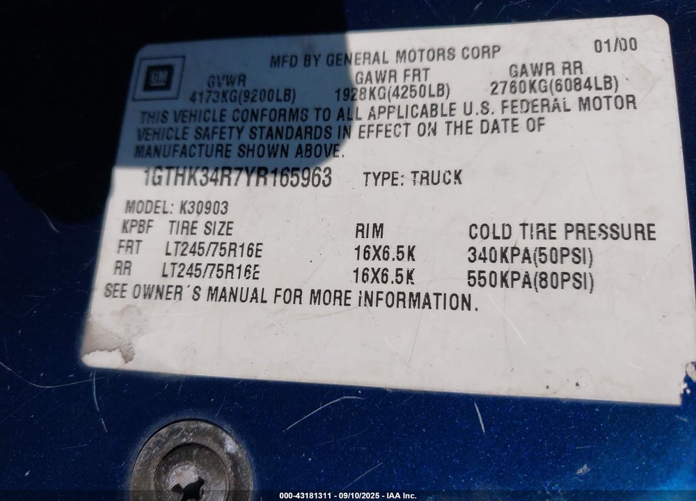 2000 GMC SIERRA 3500 CLASSIC SL VIN: 1GTHK34R7YR165963
