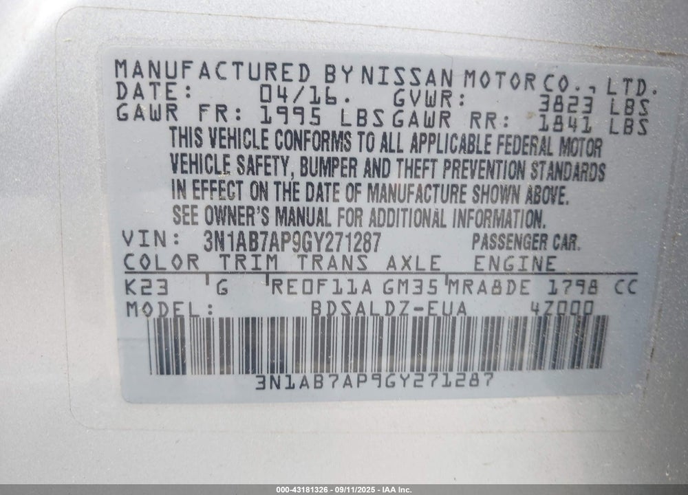 2016 NISSAN SENTRA VIN: 3N1AB7AP9GY271287