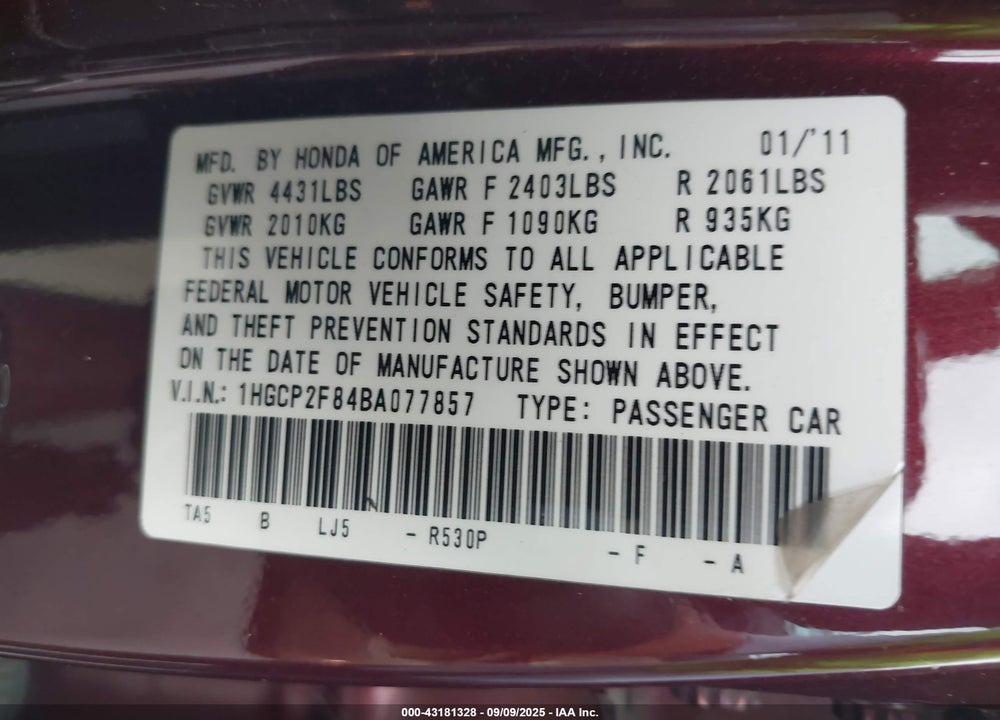 2011 HONDA ACCORD 2.4 EX-L VIN: 1HGCP2F84BA077857
