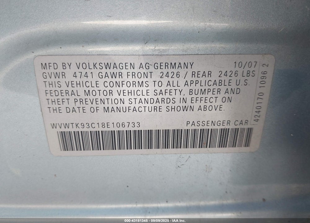 2008 VOLKSWAGEN PASSAT LUX VIN: WVWTK93C18E106733