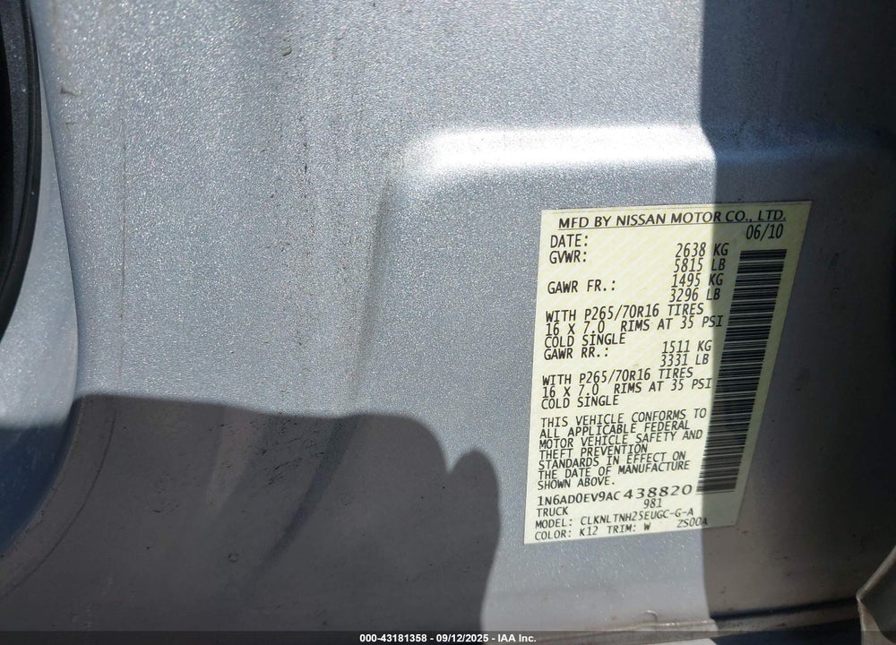 2010 NISSAN FRONTIER SE VIN: 1N6AD0EV9AC438820
