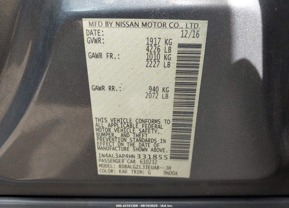 2017 NISSAN ALTIMA VIN: 1N4AL3AP4HN331855