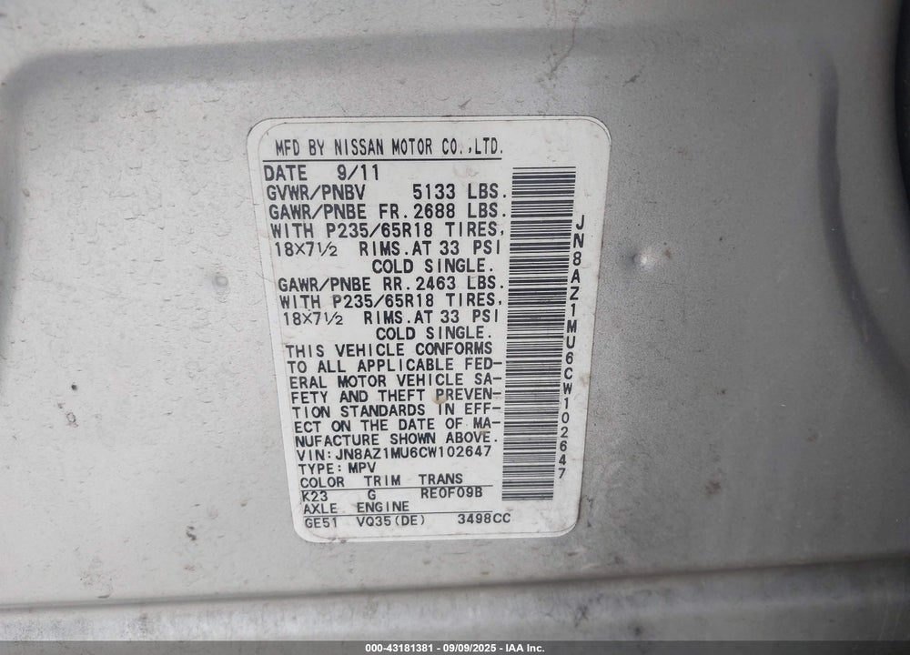 2012 NISSAN MURANO VIN: JN8AZ1MU6CW102647