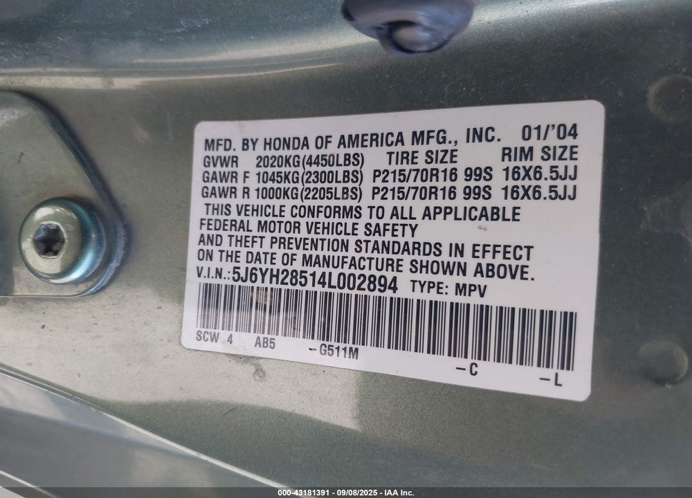 2004 HONDA ELEMENT EX VIN: 5J6YH28514L002894