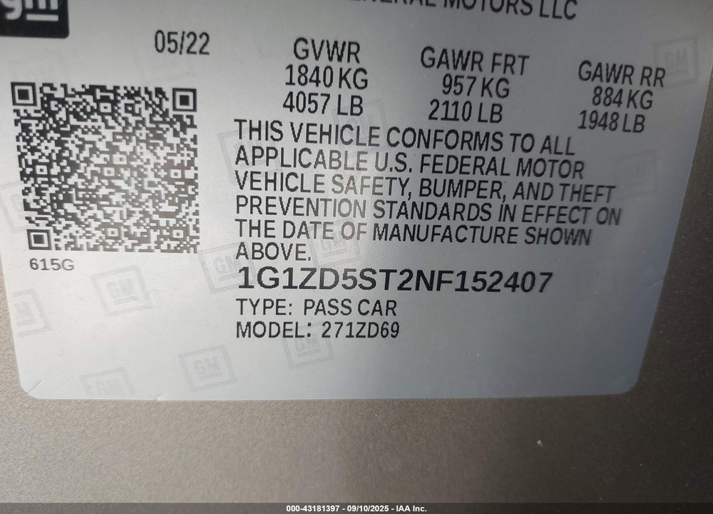 2022 CHEVROLET MALIBU FWD LT VIN: 1G1ZD5ST2NF152407