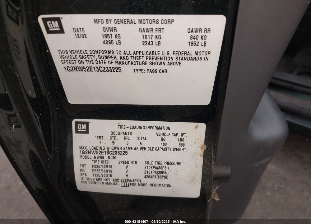 2003 PONTIAC GRAND AM GT VIN: 1G2NW52E13C233225