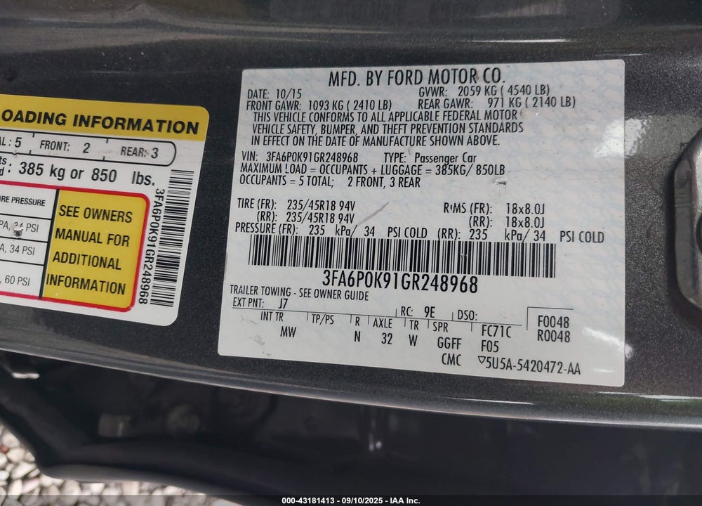 2016 FORD FUSION TITANIUM VIN: 3FA6P0K91GR248968