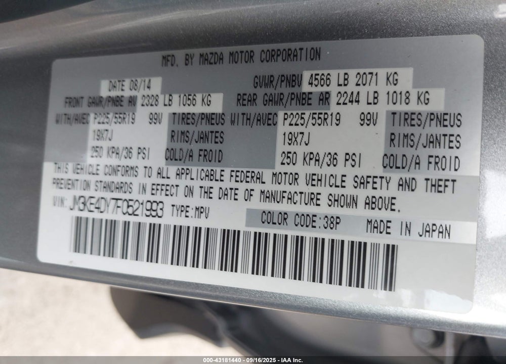 2015 MAZDA CX-5 VIN: JM3KE4DY7F0521993