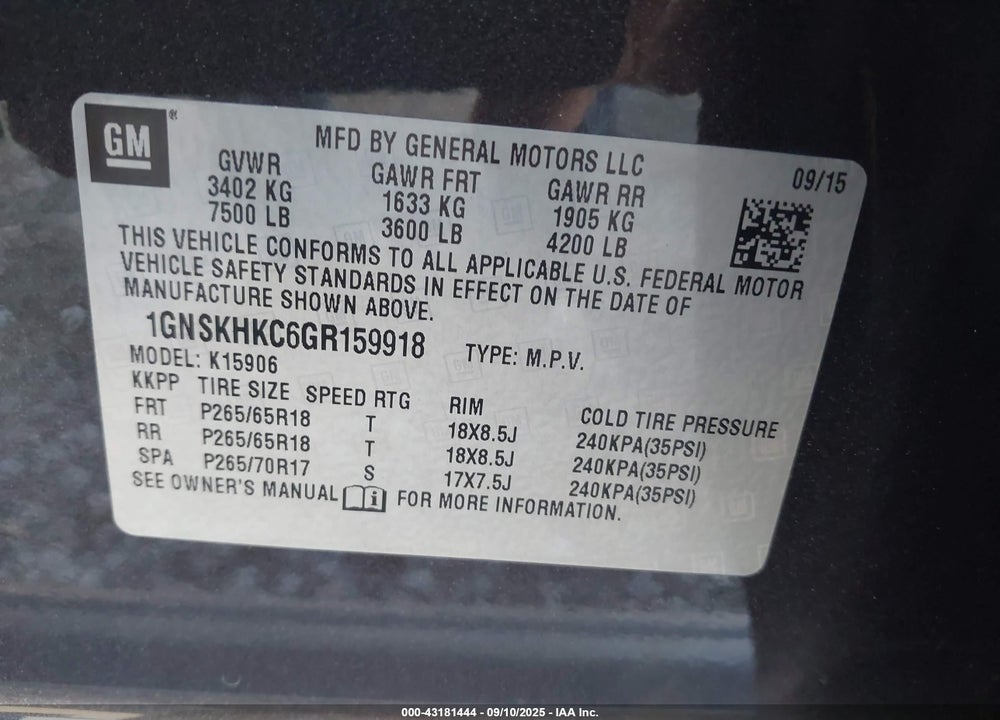 2016 CHEVROLET SUBURBAN LT VIN: 1GNSKHKC6GR159918