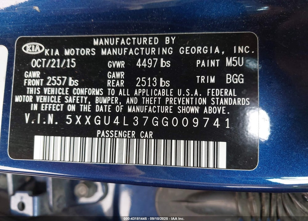 2016 KIA OPTIMA VIN: 5XXGU4L37GG009741