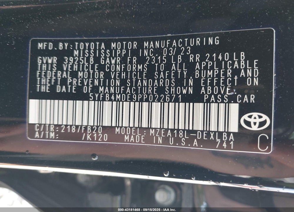 2023 TOYOTA COROLLA LE VIN: 5YFB4MDE9PP022671
