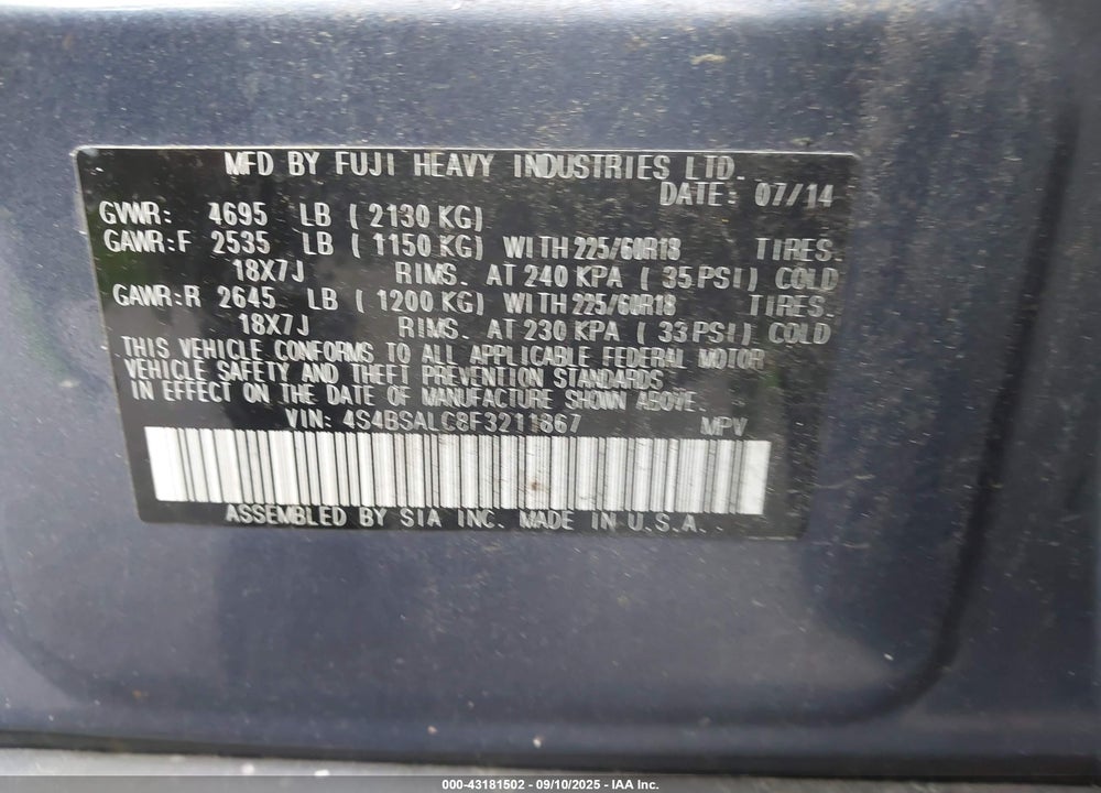 2015 SUBARU OUTBACK 2.5I LIMITED VIN: 4S4BSALC8F3211867