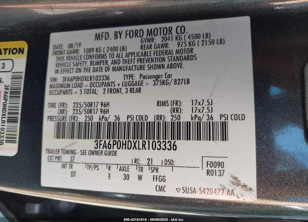 2020 FORD FUSION VIN: 3FA6P0HDXLR103336