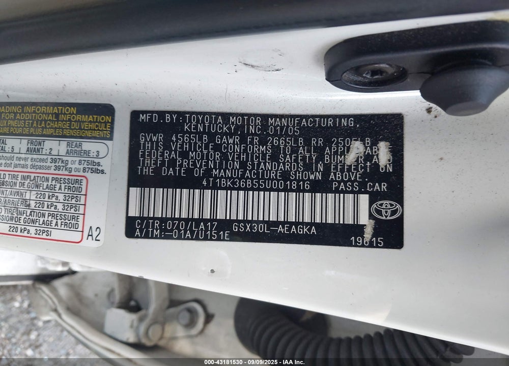 2005 TOYOTA AVALON XLS VIN: 4T1BK36B55U001816