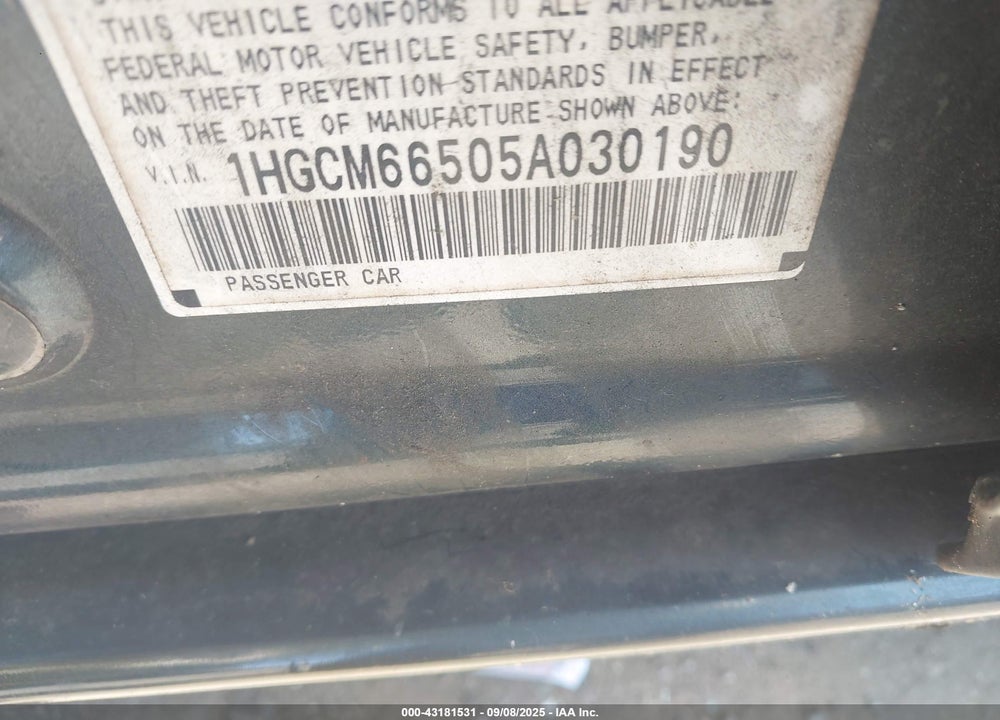 2005 HONDA ACCORD 3.0 EX VIN: 1HGCM66505A030190