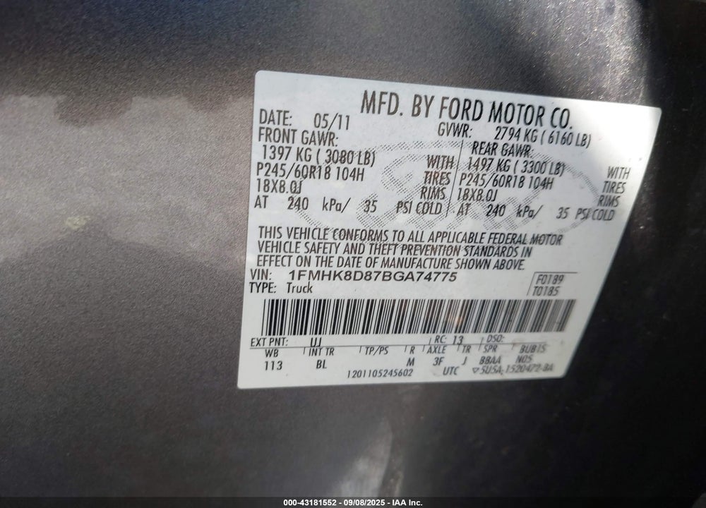2011 FORD EXPLORER VIN: 1FMHK8D87BGA74775