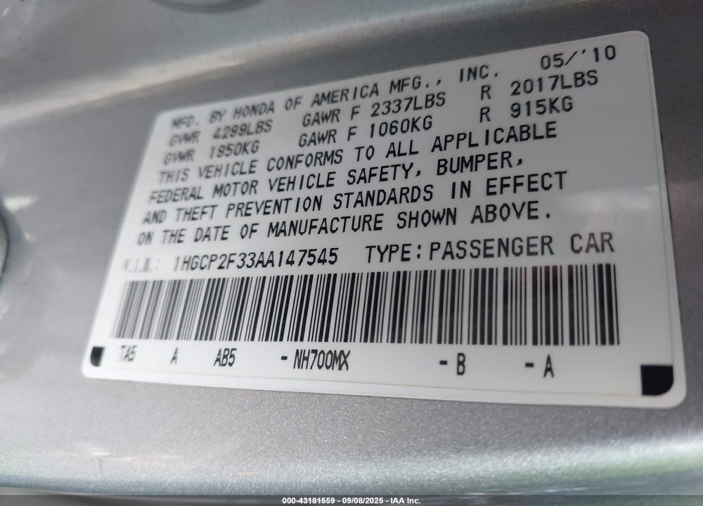 2010 HONDA ACCORD 2.4 LX VIN: 1HGCP2F33AA147545