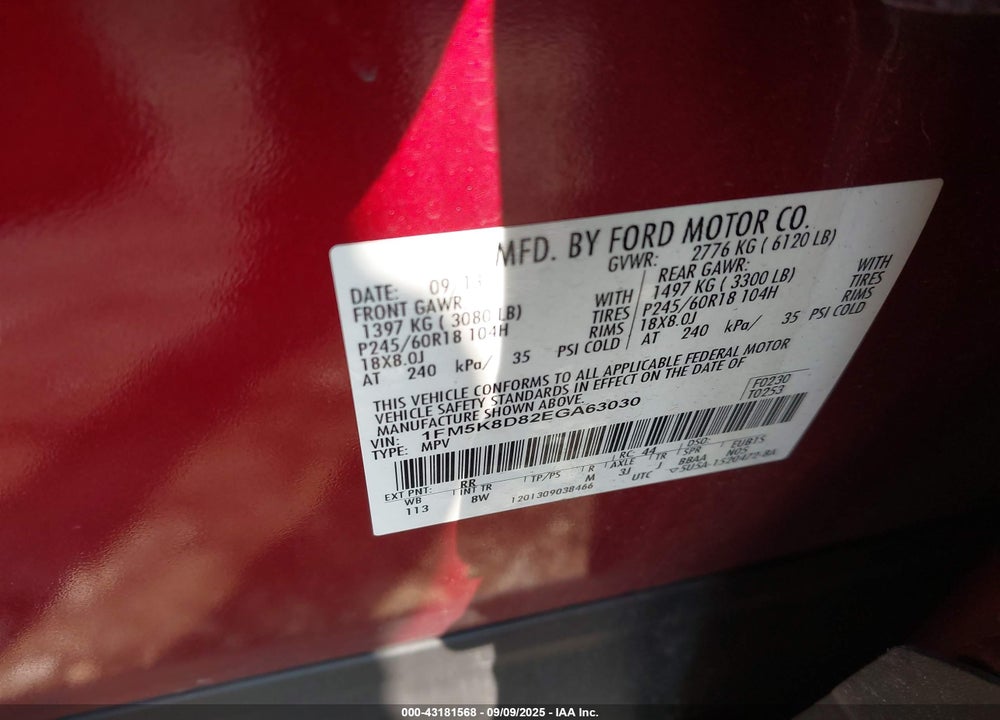 2014 FORD EXPLORER VIN: 1FM5K8D82EGA63030