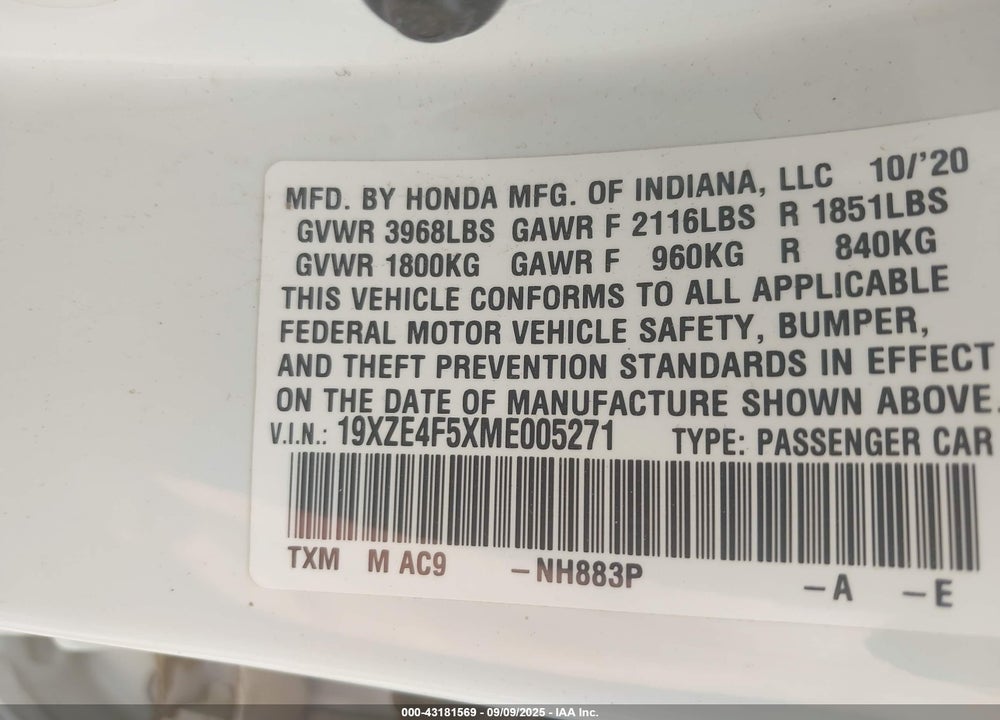 2021 HONDA INSIGHT VIN: 19XZE4F5XME005271