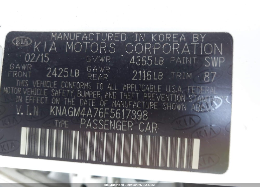 2015 KIA OPTIMA VIN: KNAGM4A76F5617398