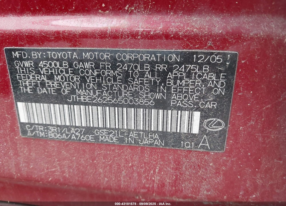 2006 LEXUS IS 350 VIN: JTHBE262565003856